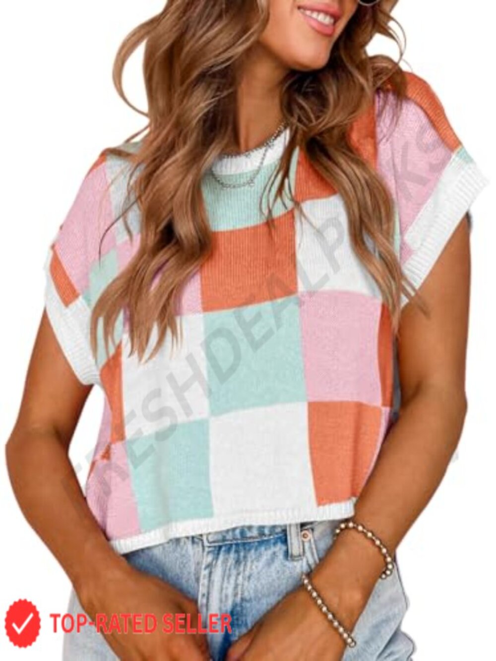 Womens Cap Sleeve Crop Top Color Block Knit Sweater Breathable Summer